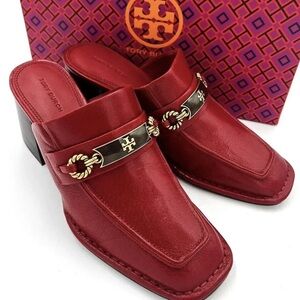 Tory Burch Red Leather Slip-On Mules with Gold Accent